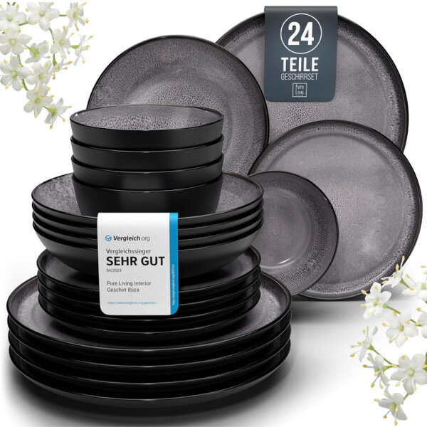 Stoneware tableware set for 6 people. (1 plate 20cm is missing) Ibiza 24-piece high-quality Mediterranean TEST VERY GOOD earthenware crockery set - bowl and plate set - dinner service 6 people crockery sets Pure Living in gray