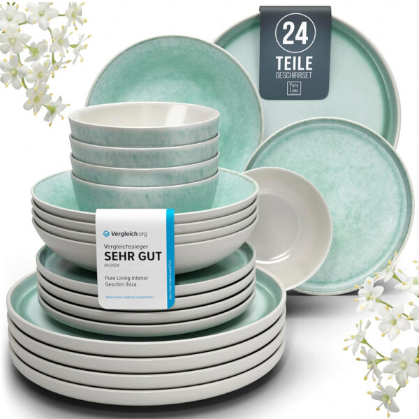 Stoneware tableware set for 6 people. Ibiza 24-piece high-quality Mediterranean TEST VERY GOOD stoneware crockery set - bowl and plate set - dinner service for 6 people crockery sets Pure Living in turquoise