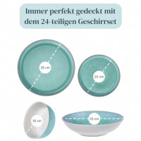 Stoneware tableware set for 6 people. Ibiza 24-piece high-quality Mediterranean TEST VERY GOOD stoneware crockery set - bowl and plate set - dinner service for 6 people crockery sets Pure Living in turquoise