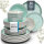 Stoneware tableware set for 6 people. Ibiza 24-piece high-quality Mediterranean TEST VERY GOOD stoneware crockery set - bowl and plate set - dinner service for 6 people crockery sets Pure Living in turquoise