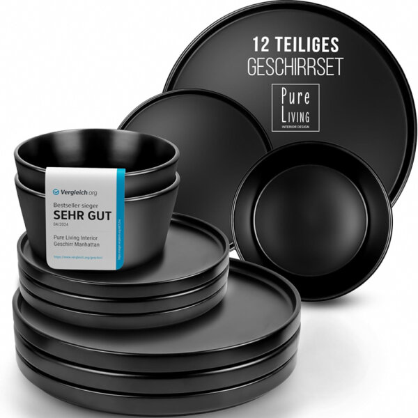 Black tableware set for 4 people Manhattan 12 pieces. - Urban style earthenware tableware black matt microwave safe - tableware set black - plate set black - black tableware set dinner table service