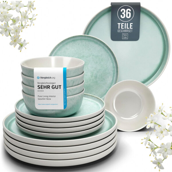 Stoneware tableware set for 12 people (one plate is missing) Ibiza 36-piece high-quality Mediterranean TEST VERY GOOD earthenware crockery set - bowl and plate set - dinner service 12 people crockery sets Pure Living in turquoise