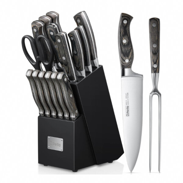 D.Perlla knife block | Knife set | 16-piece knife with wooden handle | Stainless steel chefs knife set with wooden block | Professional kitchen knife with sharpening steel | Black