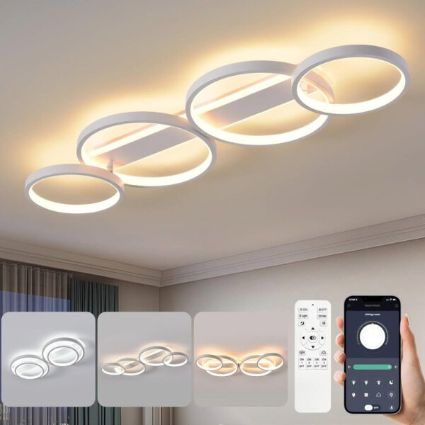 LED Deckenlampe,Dimmbar Deckenleuchte Mit Fernbedienung APP,Einstellbar Ringform Wohnzimmerlampe 4 Flammig Kronleuchter Lampe,48W 3000-6500K deckenbeleuchtung für Schlafzimmer Wohnzimmer,Weiß 86cm