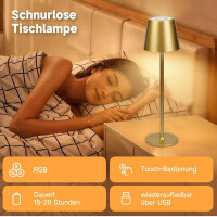 WUYOR LED Dimmbare Tischlampe Kabellose, Wiederaufladbar 3000K Farbtemperaturen und 7 RGB-Farben Tischleuchte mit USB-C, IP54 Wasserdichte Gold 2 Packung