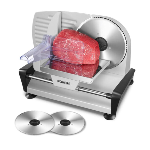 FOHERE Allesschneider Elektrischer, Brotschneidemaschine mit einstellbare Schnittstärke(0-15mm), 200W Wurstschneidemaschine, 2 * 19cm Edelstahl-Rundmesser, Schinkenschneider, Sicherheitsschutz