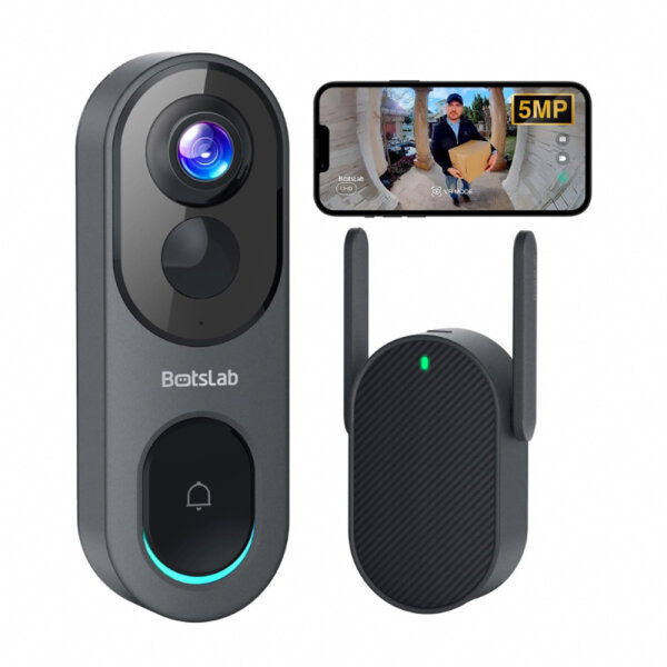 BOTSLAB 5MP WiFi doorbell with camera wireless, battery video doorbell with 1:1 head-to-toe view, AI/radar/PIR detection, no monthly fee, 2.4/5 GHz WiFi, night vision, 2-way audio, with chime