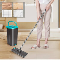 HEVOL mop set with bucket, floor mop set with 6 microfiber mop pads and stainless steel handle, 140cm flat mop with wringing function for floor cleaning, wet and dry use, gray