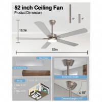 MEFINE Deckenventilator mit leichtem, 132 cm großer Deckenventilator mit leichter und fernbedienlicher Steuerung, LED -Lüfterkronleuchter mit leiser reversibler DC -Motor für Schlafzimmer, Wohnzimmer