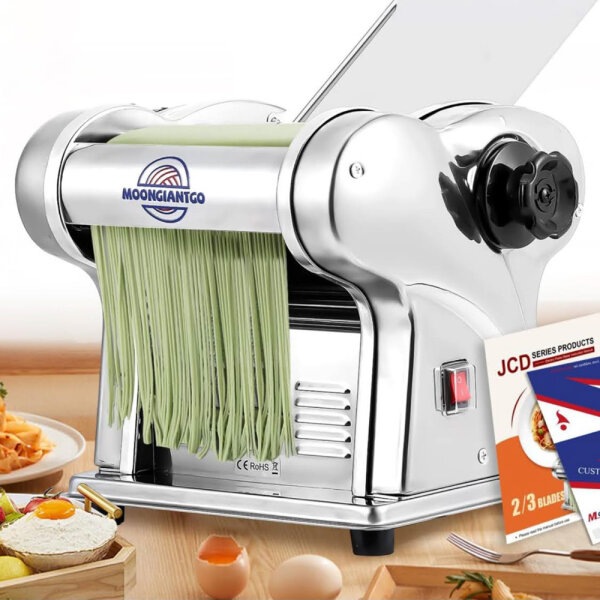 Moongiantgo pasta machine (USED) Electric stainless steel, pasta machine, pasta maker with 2 blades of 1.5 mm and 4 mm, 9-level thickness setting 0.3-3 mm for pasta, fettuccine, tagliolini, ravioli, dumpling