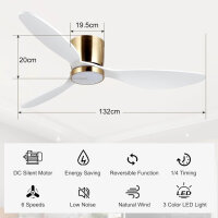 reiga White ceiling fan with LED lighting and remote control, diameter 132 cm, energy-saving DC motor, quiet, 3 color temperatures, 3-blade ceiling fan made of wood for bedrooms, living rooms and kitchens