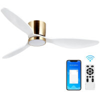 reiga White ceiling fan with LED lighting and remote control, diameter 132 cm, energy-saving DC motor, quiet, 3 color temperatures, 3-blade ceiling fan made of wood for bedrooms, living rooms and kitchens