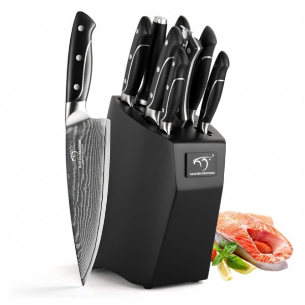 9er Damastmesser küchenmesser Messerblock Set mit Buchenholzmesserblock, Profi Kochmesser Küchenmesserset VG10 Messerblock mit Messer Scharfem
