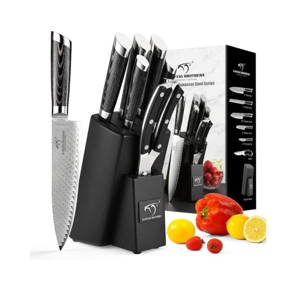 Damask kitchen knife set 7 pieces, VG10 Japanese professional damask kitchen knife set with beech knife block