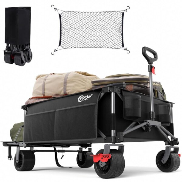 Portal Bollerwagen faltbar XXXL 600L Große Ladefläche 180kg Belastbar Ultrabreit Handwagen mit Seitentasche Transportwagen Leiterwagen Klappbar Strandwagen Faltwagen für Garten Camping Festival