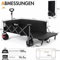 Portal Bollerwagen faltbar XXXL 600L Große Ladefläche 180kg Belastbar Ultrabreit Handwagen mit Seitentasche Transportwagen Leiterwagen Klappbar Strandwagen Faltwagen für Garten Camping Festival