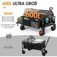 Portal Bollerwagen faltbar XXXL 600L Große Ladefläche 180kg Belastbar Ultrabreit Handwagen mit Seitentasche Transportwagen Leiterwagen Klappbar Strandwagen Faltwagen für Garten Camping Festival