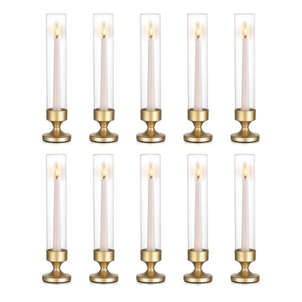 NUPTIO Kerzenständer Glaszylinder Kerzenhalter Glas: 10er 31cm Stabkerzenhalter Gold Stabkerzen Hochzeit Tisch mit Glasaufsatz Ohne Boden Windlicht Glas Zylinder Kerzenhalter Stabkerze Valentinstag