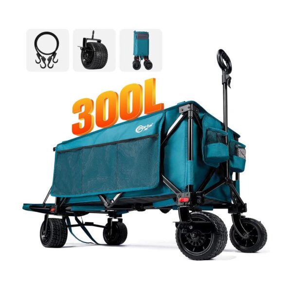 PORTAL handcart foldable XXXL 300L size tires 17x10cm with brake drink holder side pocket folding trolley folding transport trolley for all terrain camping beach shopping