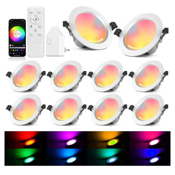 10er WiFi Bluetooth 5W LED Einbaustrahler 230V RGBWC+CCT LED Deckenspot Dimmbar LED Spots Einbauleuchten Flach LED Downlight RGB+2700K-6500K APP Steuerung Kompatibel mit Alexa Google Home
