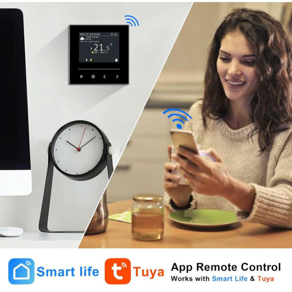 Ketotek thermostat, model number: not specified, product type: intelligent WiFi thermostat, features: programmable, compatible with Alexa and Smart Life/Tuya app, suitable for electric underfloor heating.