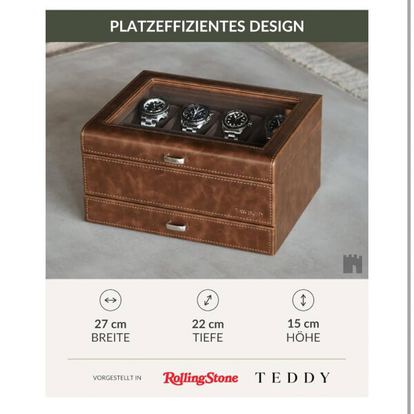 Uhrenbox Herren für 8 Uhren – Uhren Box mit 8 Fächern und Schubfach, Braun, Uhrenkasten für optimale Uhrenaufbewahrung, Uhrenschatulle für 8 Uhren, elegante Uhr Box.