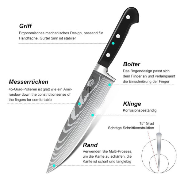 Dfito knife set, 8 pieces, kitchen knife set, high carbon stainless steel, extremely sharp, roll bag, professional chefs knife set