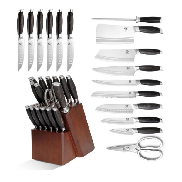 WILDMOK kitchen knife block set 17 piece knife set wooden block German steel kitchen knife set bone chipper