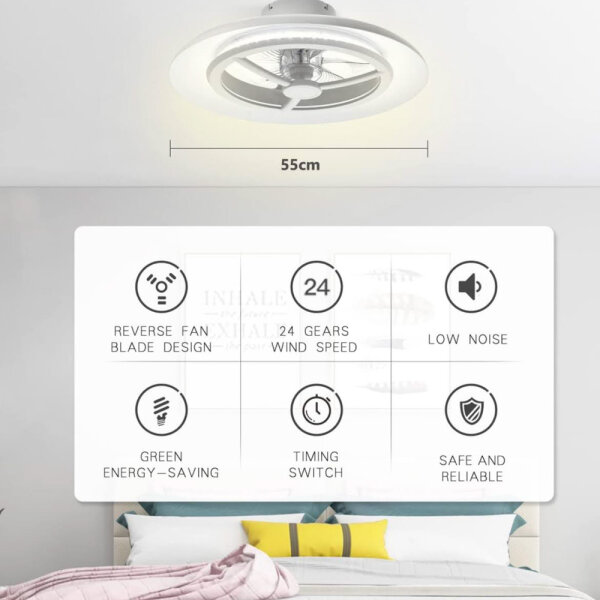 BKZO 55cm Smart LED ceiling light fan dimmable, without lampshade, adjustable wind speeds, modern lighting, color temperature 3000-5500K.