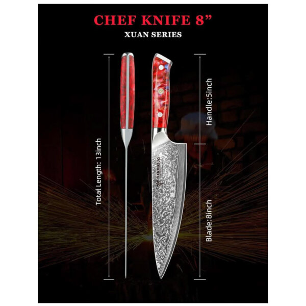 SANMUZUO Chefs Knife 20cm Xuan Series VG10 Damascus Steel Kitchen Knife Resin Handle Sunset Red