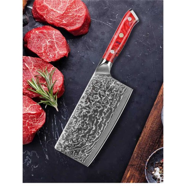 SANMUZUO Chinese chefs knife 18 cm, model Xuan, professional kitchen knife, VG10 Damascus steel, resin handle in sunset red, ideal for precise cutting and versatile kitchen applications.