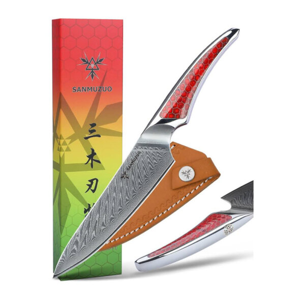 SANMUZUO 13CM utility knife, LA-S9, kitchen knife, ultra-sharp VG-10 damascus steel, ergonomic red resin handle, ideal for fruits and vegetables.