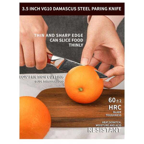 SANMUZUO Paring Knife 9 cm - Office Knife - VG 10 Damascus Steel - Resin Handle Sunset Red - ideal for fruits and vegetables