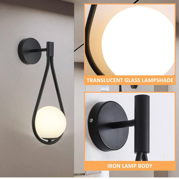 zhxinashu wall light, model number: not specified, product type: indoor wall light, features: black, 5W glass ball, water drop shape, vintage style, ideal for living room and bedroom, 2 lights.