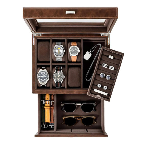 TAWBURY Watch Box 6 Watches - Multifunctional jewelry storage for men, ideal for watches and glasses, elegant design in brown, offers space for 6 watches, perfect protection and stylish presentation.