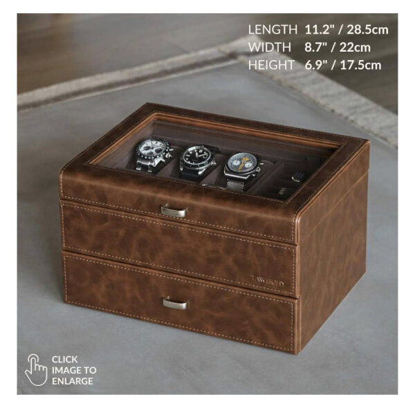 TAWBURY Watch Box 6 Watches - Multifunctional jewelry storage for men, ideal for watches and glasses, elegant design in brown, offers space for 6 watches, perfect protection and stylish presentation.