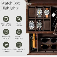 TAWBURY Watch Box 6 Watches - Multifunctional jewelry storage for men, ideal for watches and glasses, elegant design in brown, offers space for 6 watches, perfect protection and stylish presentation.