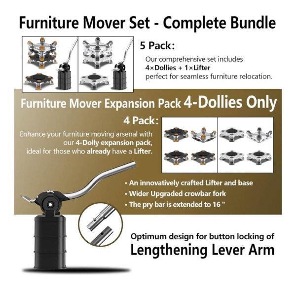 ONEON furniture transport professional set 1234 furniture lifter Improved TPE wheels for effortless furniture transport, professional tool for moving black, set: 4 trolleys + 1 lever