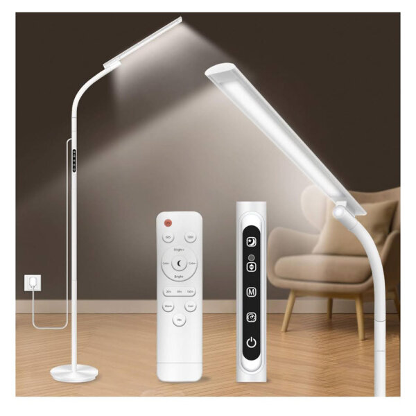 Trayvespace Tageslichtlampe 10000 Lux, 3 in 1 SAD Lamp, Fernbedienung & Touch-Steuerung, 5 Dimmstufen, 5 Farbtemperaturen, verstellbarer Schwanenhals, Boden Lichttherapielampe, Weiß