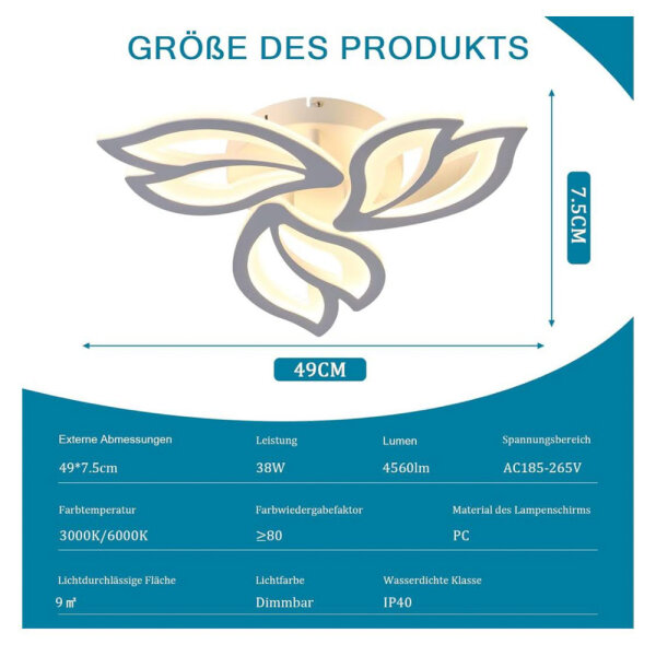 LED ceiling light 38 W 4560 LM, adjustable light, acrylic ceiling light, ideal for bedrooms and living rooms, including remote control, modern and elegant lighting solution.