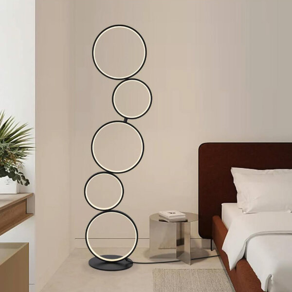 SUNLLOK Moderne 5 Ringe LED Stehlampe dimmbar, schwarz, für Wohnzimmer, Büro, Schlafzimmer, industrielle Dekoration.