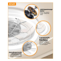 Airwit ceiling fan 48cm, fan with light, quiet, dimmable, modern, reversible DC motor