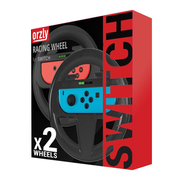 Orzly 2 x steering wheels, Joy-Con steering wheels for Nintendo Switch, twin pack, black, ergonomic, ideal for racing games.