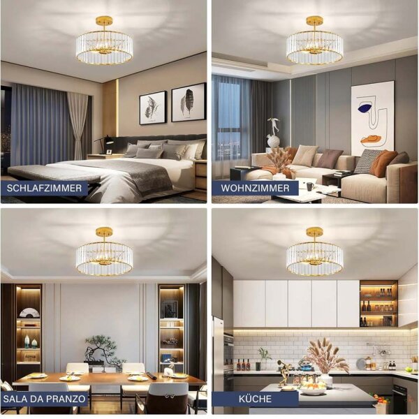 Qamra Gold Crystal Ceiling Light 40CM Modern Hanging Lamp for Living Room Hallway Bedroom Kitchen