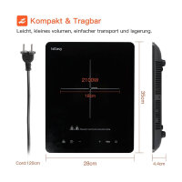 Induktionskochfeld WQ-8010, 1 Platte, 2100W, 28cm, tragbar, 9 Heizstufen, 8h-Timer, Touch-Steuerung, Booster, Schwarz