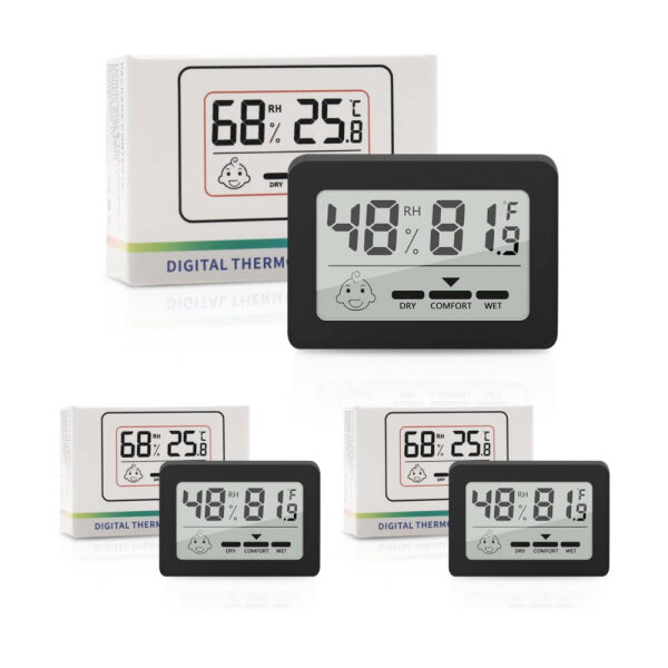 Mini Thermometer Hygrometer, Innen, digitales LCD Messgerät für Raumtemperatur und Luftfeuchtigkeit, schwarz