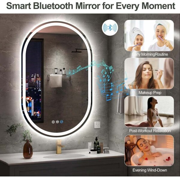 Sbagno Oval bathroom mirror 50x80cm, Bluetooth, dimmable, defogging, IP44, tempered glass, horizontal/vertical