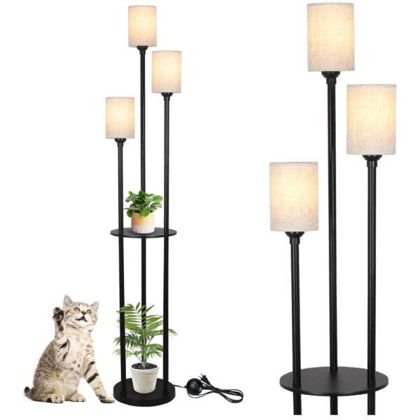 Rayofly Black Floor Lamp, 3-Light, Shelf, Vintage, Linen Lampshade, Foot Switch, Industrial, 168cm