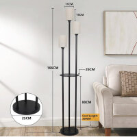 Rayofly Black Floor Lamp, 3-Light, Shelf, Vintage, Linen Lampshade, Foot Switch, Industrial, 168cm