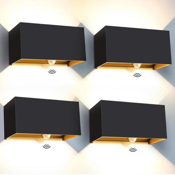 Kingwen 20W LED Wandleuchte IP65, Schwarz, Rechteckig, 4 Stück, 3000K, Bewegungsmelder, verstellbarer Abstrahlwinkel